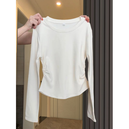 2025春秋韓版卡腰抽褶上衣女甜辣修身內搭打底衫圓領正肩長袖T恤