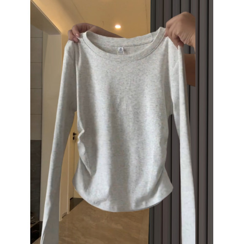 2025春秋韓版卡腰抽褶上衣女甜辣修身內搭打底衫圓領正肩長袖T恤