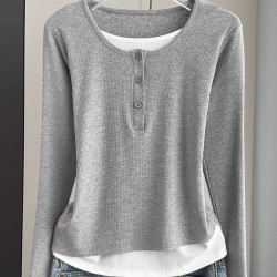 假兩件長袖t恤女2024新款春夏秋季薄款內搭打底衫寬松外穿上衣