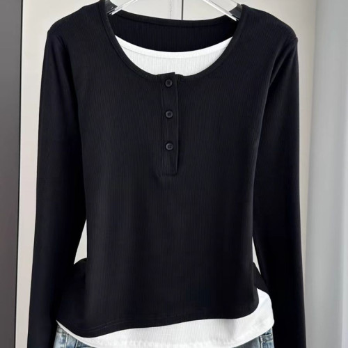 假兩件長袖t恤女2024新款春夏秋季薄款內搭打底衫寬松外穿上衣