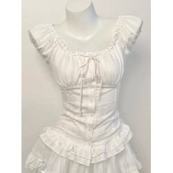 純欲風白色方領泡泡袖襯衫女夏季綁帶褶皺高級感洋氣減齡百搭上衣