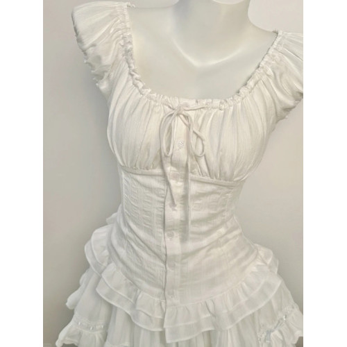 純欲風白色方領泡泡袖襯衫女夏季綁帶褶皺高級感洋氣減齡百搭上衣