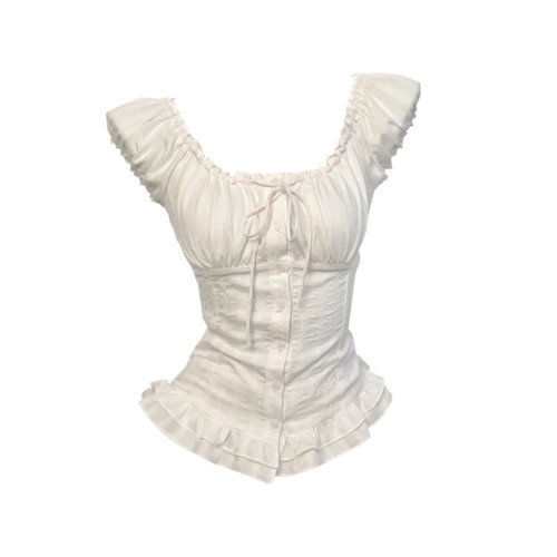 純欲風白色方領泡泡袖襯衫女夏季綁帶褶皺高級感洋氣減齡百搭上衣