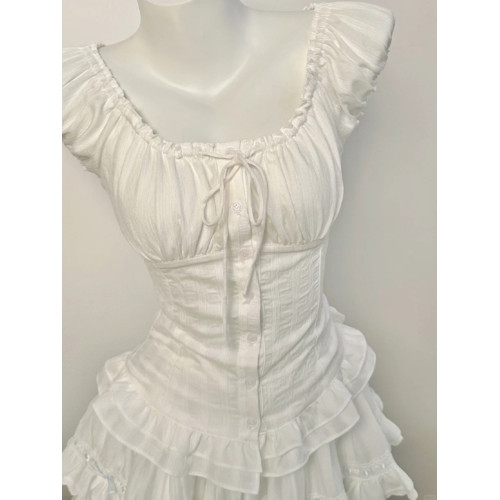 純欲風白色方領泡泡袖襯衫女夏季綁帶褶皺高級感洋氣減齡百搭上衣