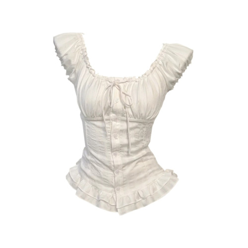 純欲風白色方領泡泡袖襯衫女夏季綁帶褶皺高級感洋氣減齡百搭上衣