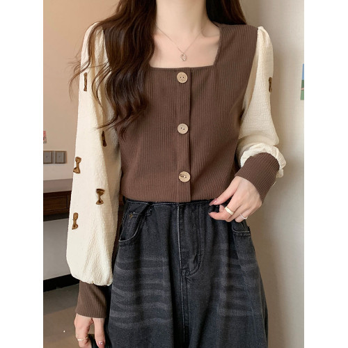 大碼秋裝百搭短款方領上衣打底衫微胖穿搭顯瘦減齡正肩洋氣襯衫女