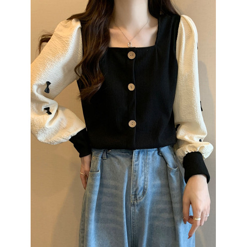 大碼秋裝百搭短款方領上衣打底衫微胖穿搭顯瘦減齡正肩洋氣襯衫女