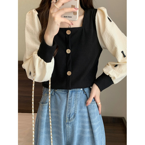 大碼秋裝百搭短款方領上衣打底衫微胖穿搭顯瘦減齡正肩洋氣襯衫女