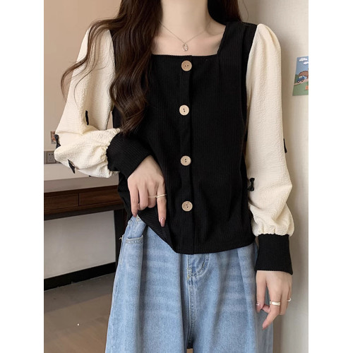 大碼秋裝百搭短款方領上衣打底衫微胖穿搭顯瘦減齡正肩洋氣襯衫女