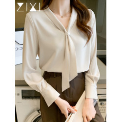 雪紡襯衫女秋季高級感杏色v領緞面通勤面試職業裝飄帶米色白襯衣
