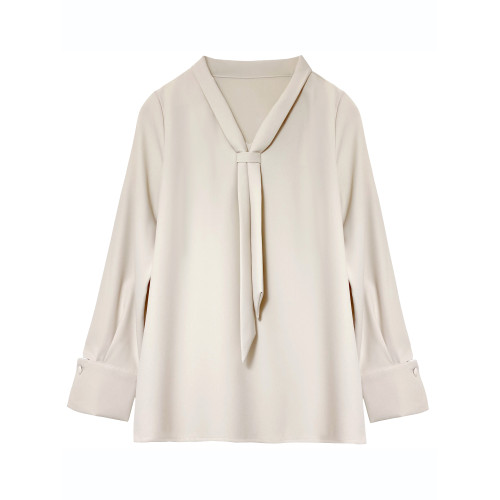 雪紡襯衫女秋季高級感杏色v領緞面通勤面試職業裝飄帶米色白襯衣