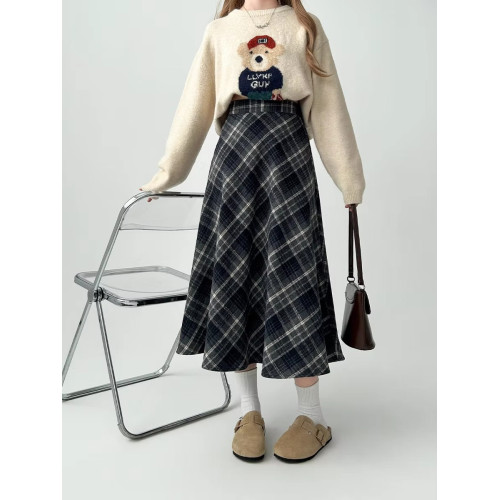 大碼微胖mm灰色毛呢格子半身裙女秋冬長裙遮胯繖裙中長款a字裙子 大碼微胖mm灰色毛呢格子半身裙女秋冬長裙遮胯繖裙中長款a字裙子