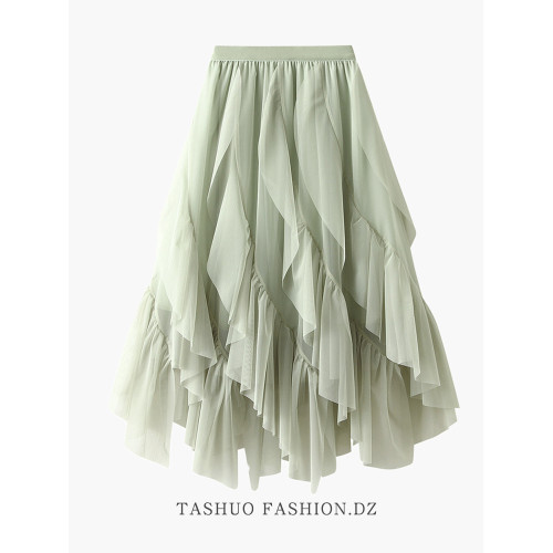 不規則荷葉邊紗裙半身裙女秋冬2025新款半裙設計感中長款網紗長裙