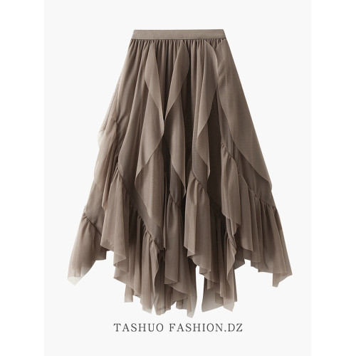 不規則荷葉邊紗裙半身裙女秋冬2025新款半裙設計感中長款網紗長裙