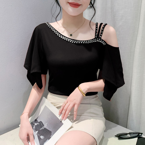 性感一字肩T恤女短袖夏季設計感時尚釘珠荷葉袖上衣洋氣露肩小衫