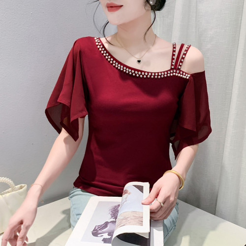 性感一字肩T恤女短袖夏季設計感時尚釘珠荷葉袖上衣洋氣露肩小衫