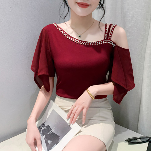 性感一字肩T恤女短袖夏季設計感時尚釘珠荷葉袖上衣洋氣露肩小衫