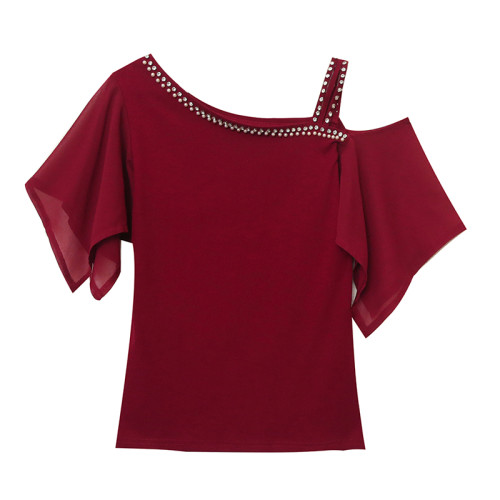 性感一字肩T恤女短袖夏季設計感時尚釘珠荷葉袖上衣洋氣露肩小衫