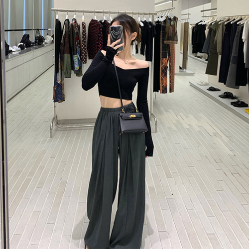 一字肩上衣別致長袖t恤漏肚臍女春秋季小衆設計感緊身短款打底衫