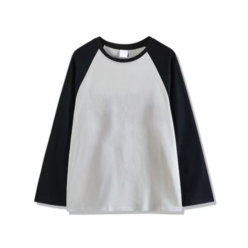 美式復古黑灰色插肩撞色長袖t恤女裝春秋季2025新款內搭寬松上衣