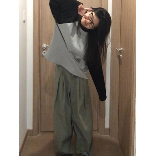 美式復古黑灰色插肩撞色長袖t恤女裝春秋季2025新款內搭寬松上衣