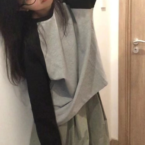 美式復古黑灰色插肩撞色長袖t恤女裝春秋季2025新款內搭寬松上衣