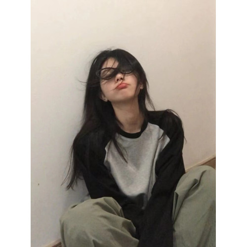 美式復古黑灰色插肩撞色長袖t恤女裝春秋季2025新款內搭寬松上衣