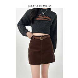 大碼胖mm半身裙女秋冬季咖色短款a字燈芯絨包臀復古裙子棕色短裙