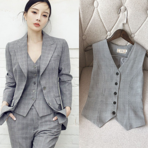 2025春季慼薇明星同款格子薄款小西裝套裝女英倫風復古抹胸三件套 2025春季慼薇明星同款格子薄款小西裝套裝女英倫風復古抹胸三件套