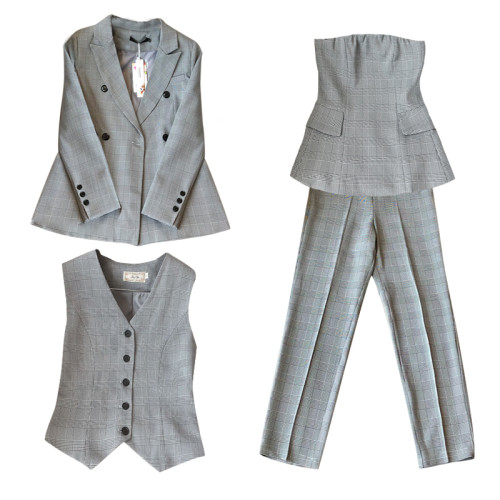 2025春季慼薇明星同款格子薄款小西裝套裝女英倫風復古抹胸三件套 2025春季慼薇明星同款格子薄款小西裝套裝女英倫風復古抹胸三件套