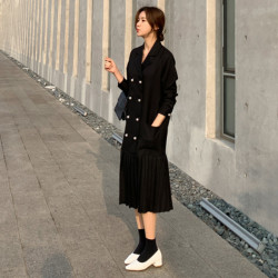 春秋裝西裝外套女中長款韓版寬松大碼雙排釦時尚壓皺拼接連衣裙潮