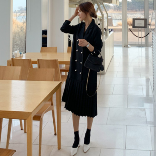 春秋裝西裝外套女中長款韓版寬松大碼雙排釦時尚壓皺拼接連衣裙潮 春秋裝西裝外套女中長款韓版寬松大碼雙排釦時尚壓皺拼接連衣裙潮
