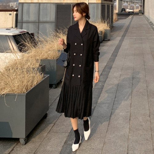 春秋裝西裝外套女中長款韓版寬松大碼雙排釦時尚壓皺拼接連衣裙潮 春秋裝西裝外套女中長款韓版寬松大碼雙排釦時尚壓皺拼接連衣裙潮