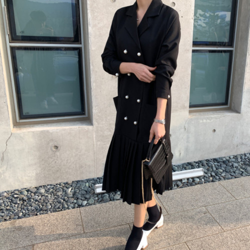 春秋裝西裝外套女中長款韓版寬松大碼雙排釦時尚壓皺拼接連衣裙潮 春秋裝西裝外套女中長款韓版寬松大碼雙排釦時尚壓皺拼接連衣裙潮