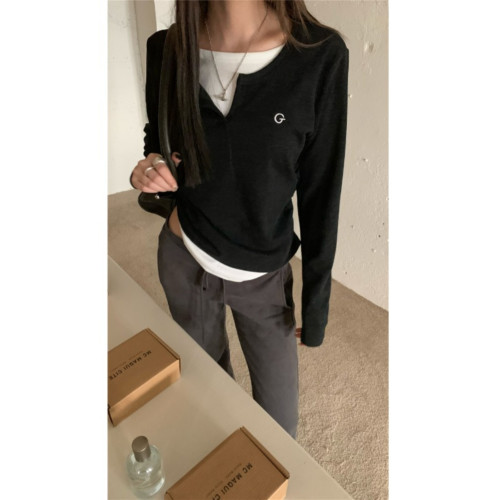 PPHOME甜欲學姐~假兩件設計百搭長袖T恤秋冬內搭修身顯瘦打底上衣