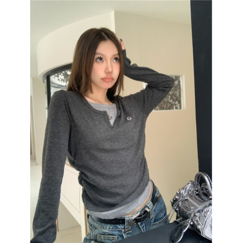 PPHOME甜欲學姐~假兩件設計百搭長袖T恤秋冬內搭修身顯瘦打底上衣