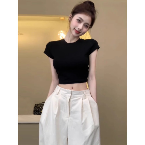 純欲辣妹修身短袖t恤女夏季2025新款後背鏤空抽繩設計感短款上衣