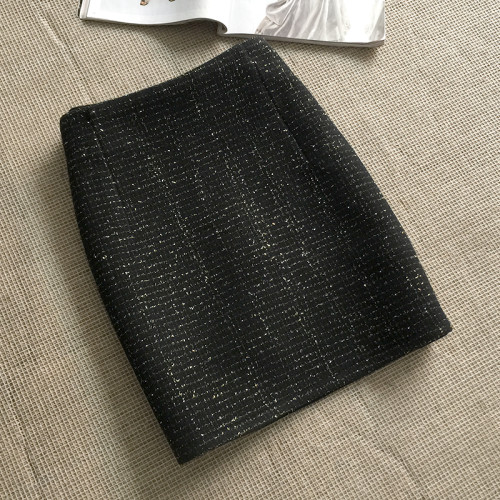 金絲毛呢針織半身裙2025秋冬新款黑色彈力高腰顯瘦A字包臀短裙女