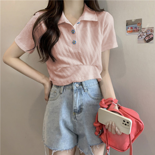 ins超火Polo衫短袖t恤女夏天高腰露臍短款百搭chic港味甜辣上衣潮
