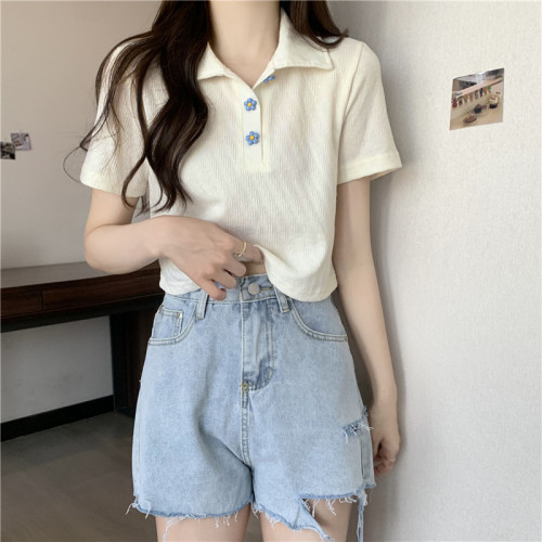 ins超火Polo衫短袖t恤女夏天高腰露臍短款百搭chic港味甜辣上衣潮