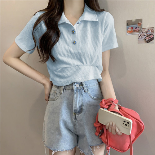ins超火Polo衫短袖t恤女夏天高腰露臍短款百搭chic港味甜辣上衣潮