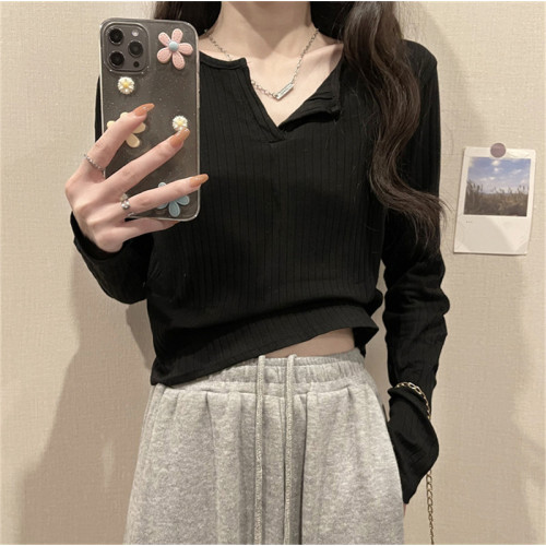 V領長袖t恤女春秋韓版修身高腰露臍短款內搭打底衫顯瘦百搭上衣服