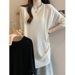 大碼冰絲中長款短袖t恤女2026新款胖mm寬鬆慵懶風遮屁股開叉上衣