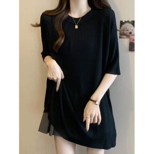 大碼冰絲中長款短袖t恤女2026新款胖mm寬鬆慵懶風遮屁股開叉上衣 大碼冰絲中長款短袖t恤女2026新款胖mm寬鬆慵懶風遮屁股開叉上衣