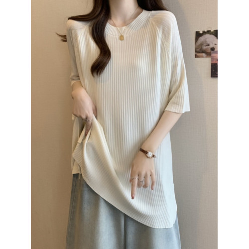 大碼冰絲中長款短袖t恤女2026新款胖mm寬鬆慵懶風遮屁股開叉上衣 大碼冰絲中長款短袖t恤女2026新款胖mm寬鬆慵懶風遮屁股開叉上衣