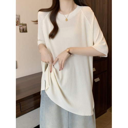 大碼冰絲中長款短袖t恤女2026新款胖mm寬鬆慵懶風遮屁股開叉上衣 大碼冰絲中長款短袖t恤女2026新款胖mm寬鬆慵懶風遮屁股開叉上衣