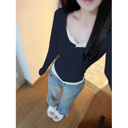 芭蕾風假兩件長袖T恤女秋冬新款大碼胖mm打底衫內搭顯瘦修身上衣