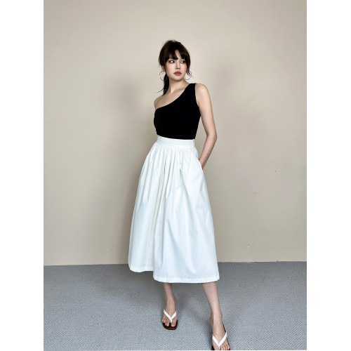 米米小姐2025夏季新品薄款中長款高腰黑色復古百褶a字半身裙顯瘦