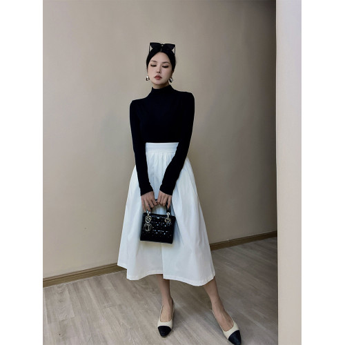 米米小姐2025夏季新品薄款中長款高腰黑色復古百褶a字半身裙顯瘦