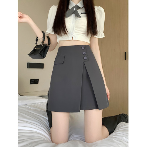 不規則高級感灰色復古半身裙大碼小衆氣質短裙女夏遮肚A字西裝裙 不規則高級感灰色復古半身裙大碼小衆氣質短裙女夏遮肚A字西裝裙